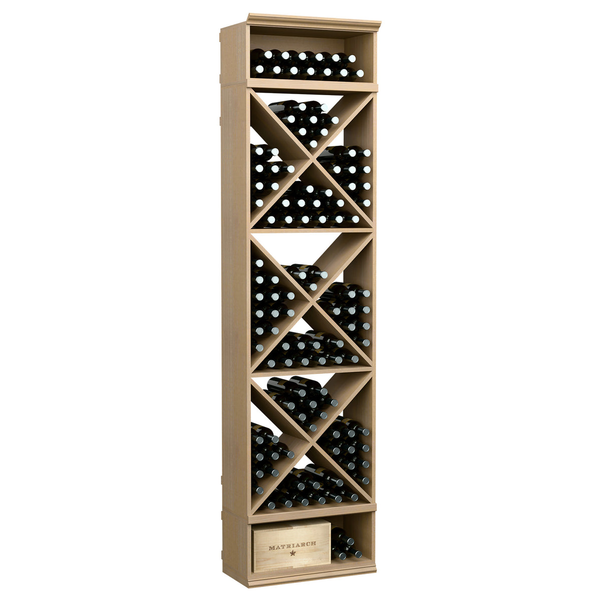 Light beige X-cube wine bottle storage rack with crisscross cubby shelves and top bottle row