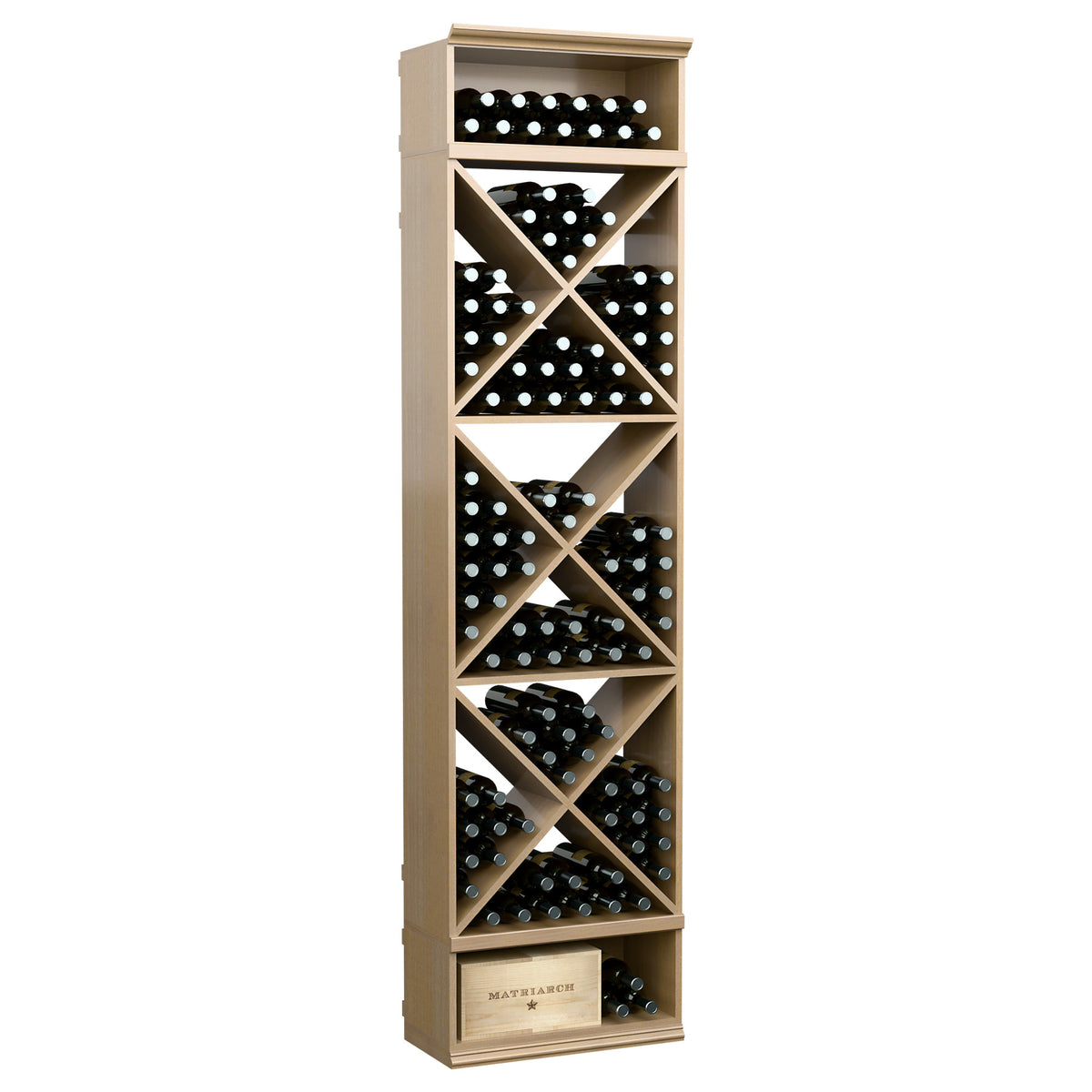 Cream X-cube wine bottle storage cabinet with diagonal cubbies and bottle-filled compartments