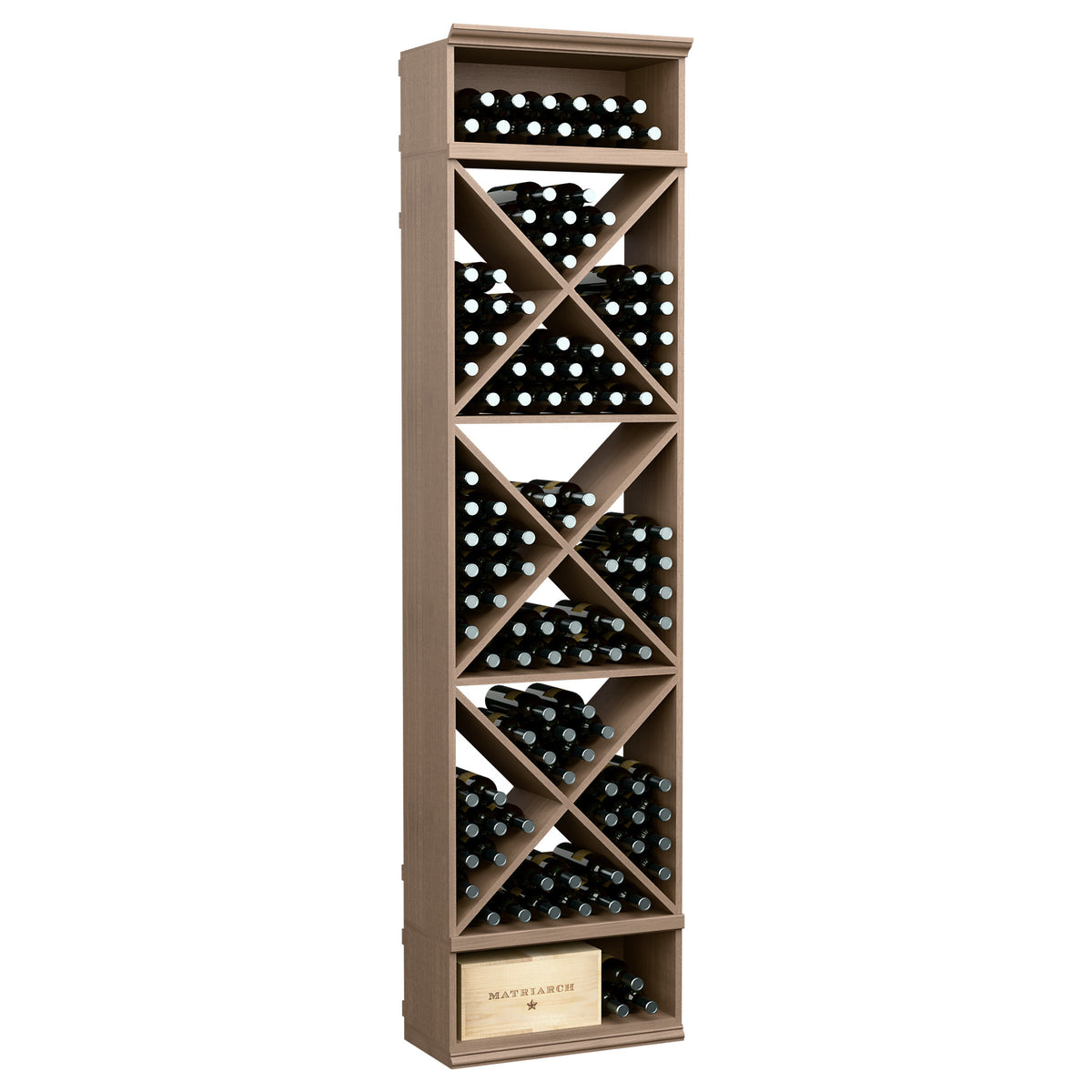 Medium brown X-cube wine bottle storage rack with crisscross cubby shelves and top ledge