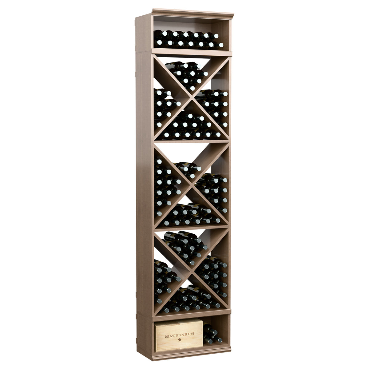 Walnut-brown X-cube wine bottle storage cabinet with diagonal cubbies and bottom display tray