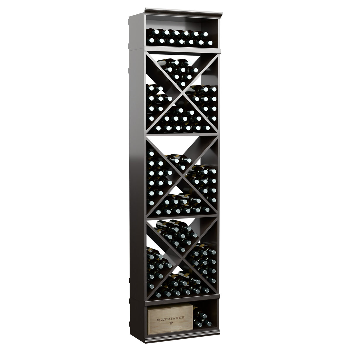 Black X-cube wine bottle storage cabinet with diagonal cubbies and bottle-filled compartments
