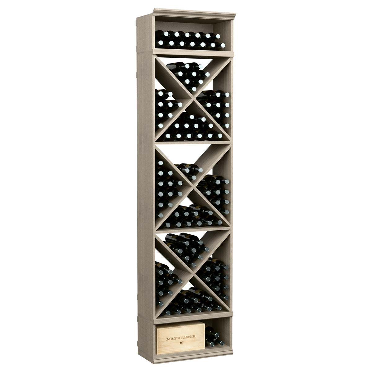 Grey-finished 8-ft wine storage rack with X-crisscross bottle compartments