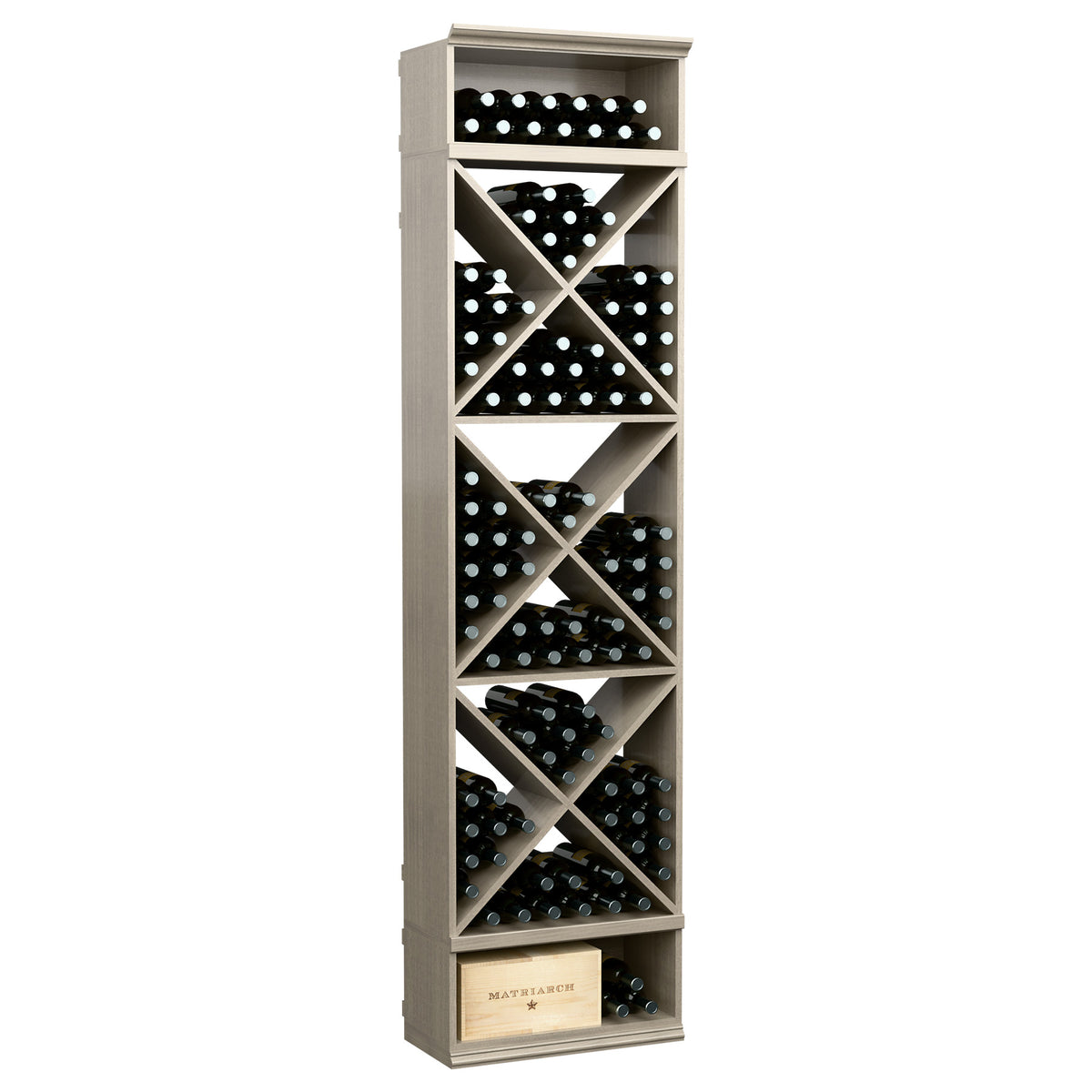 Grey 8-ft wine rack with X-shaped cubbies for storing bottles