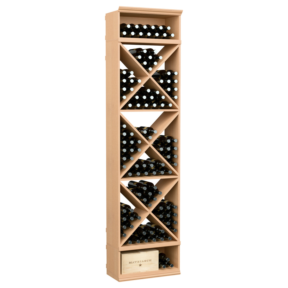 Natural wood 8-ft wine storage rack with X-crisscross bottle compartments