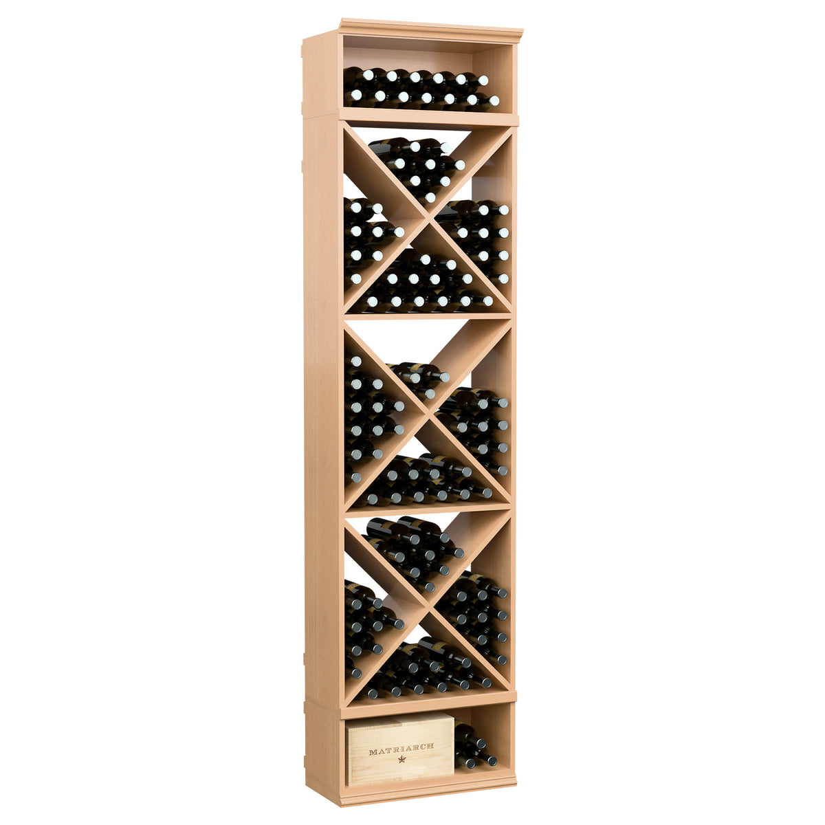 Light wood 8-ft wine storage rack with X-shaped bottle cubbies