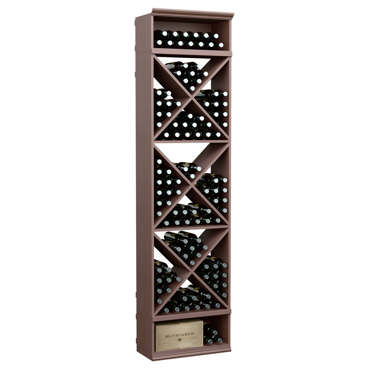 Walnut-brown 8-ft wine storage rack with X-crisscross bottle compartments