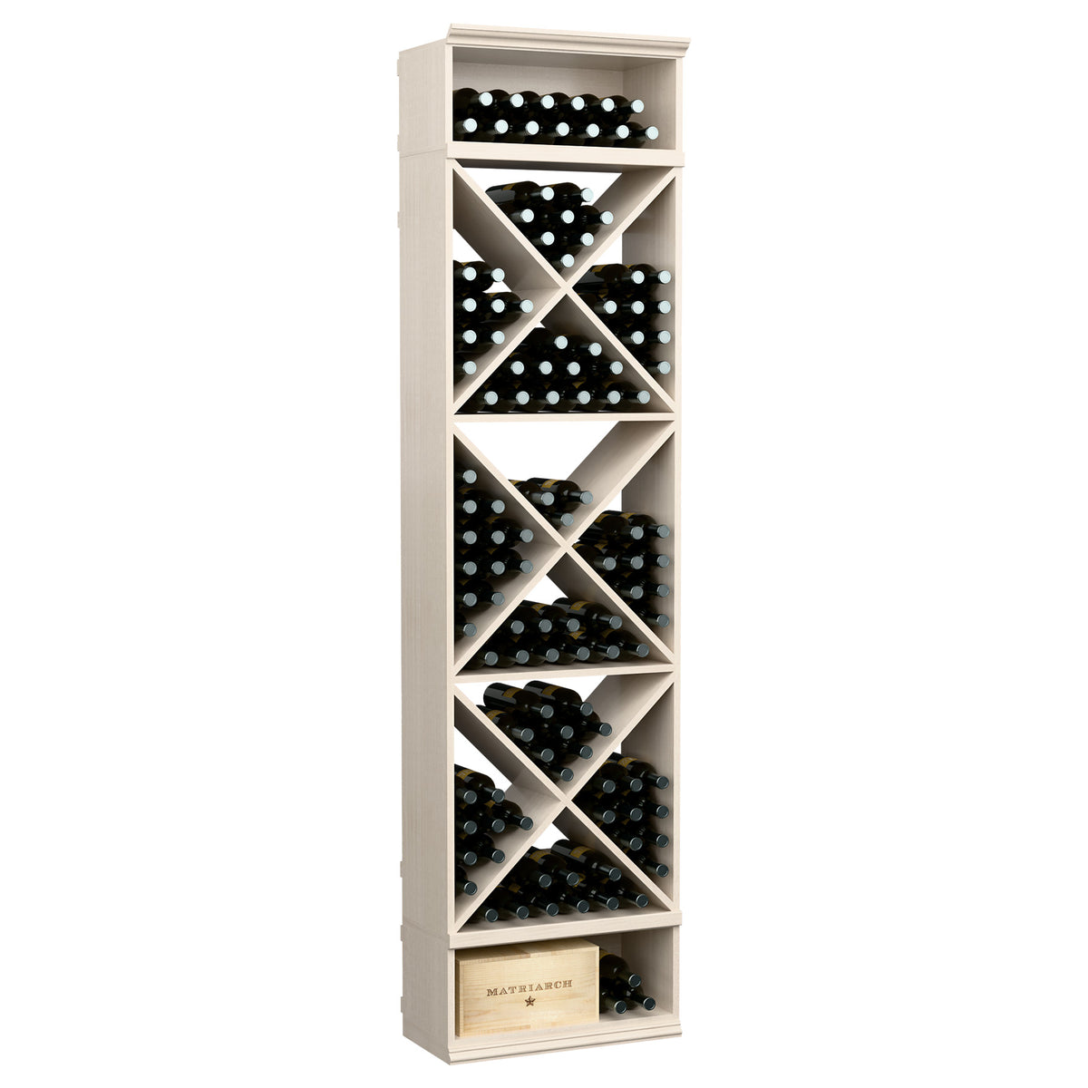 White 8-ft wine rack with X-shaped cubbies for storing bottles