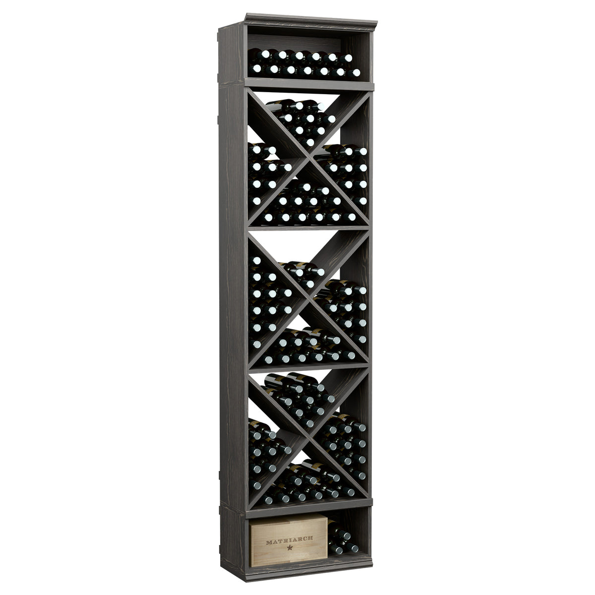 Dark wine bottle storage rack with X-cube crisscross shelves