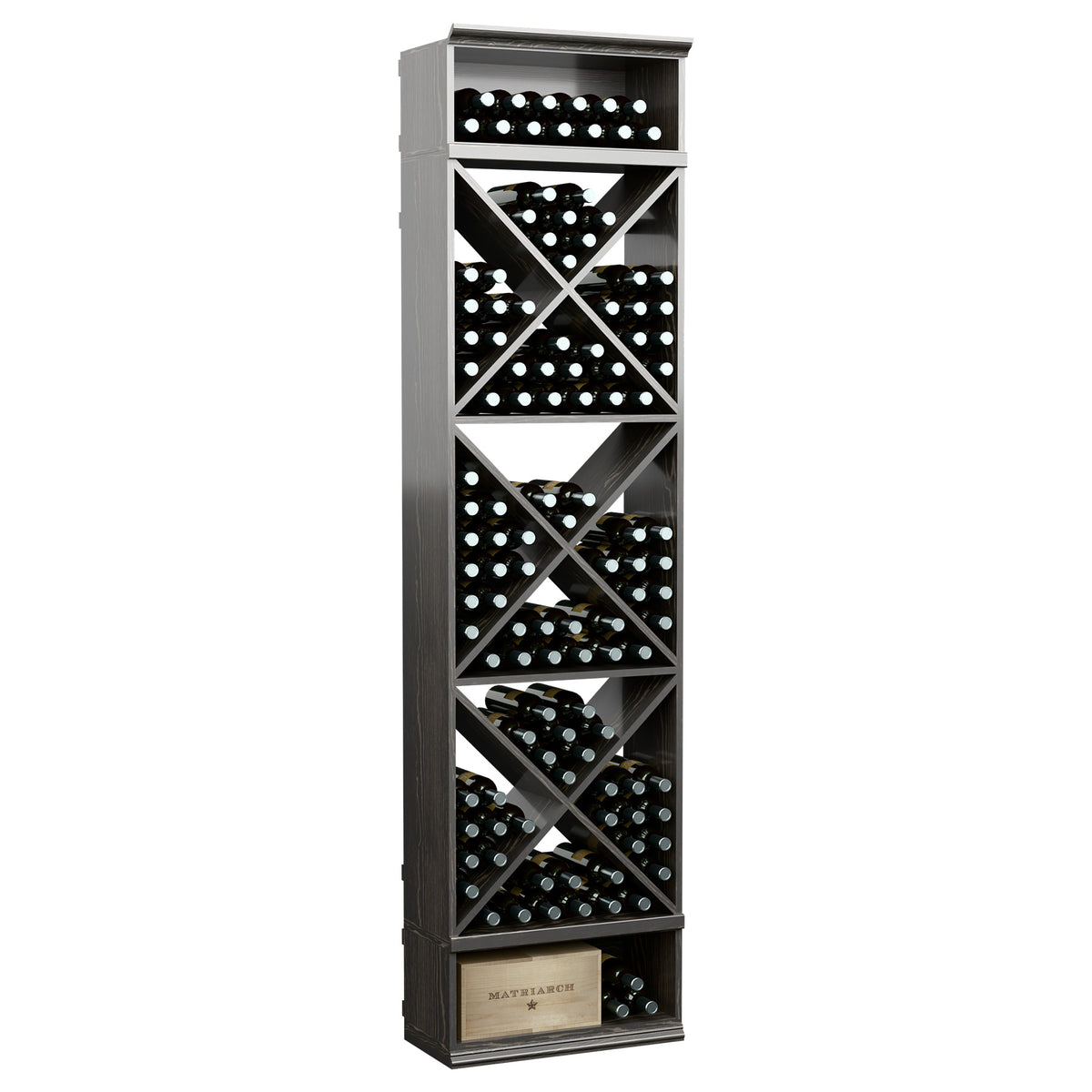 Dark wine bottle storage rack with X-cube wine slots and top bottle holder