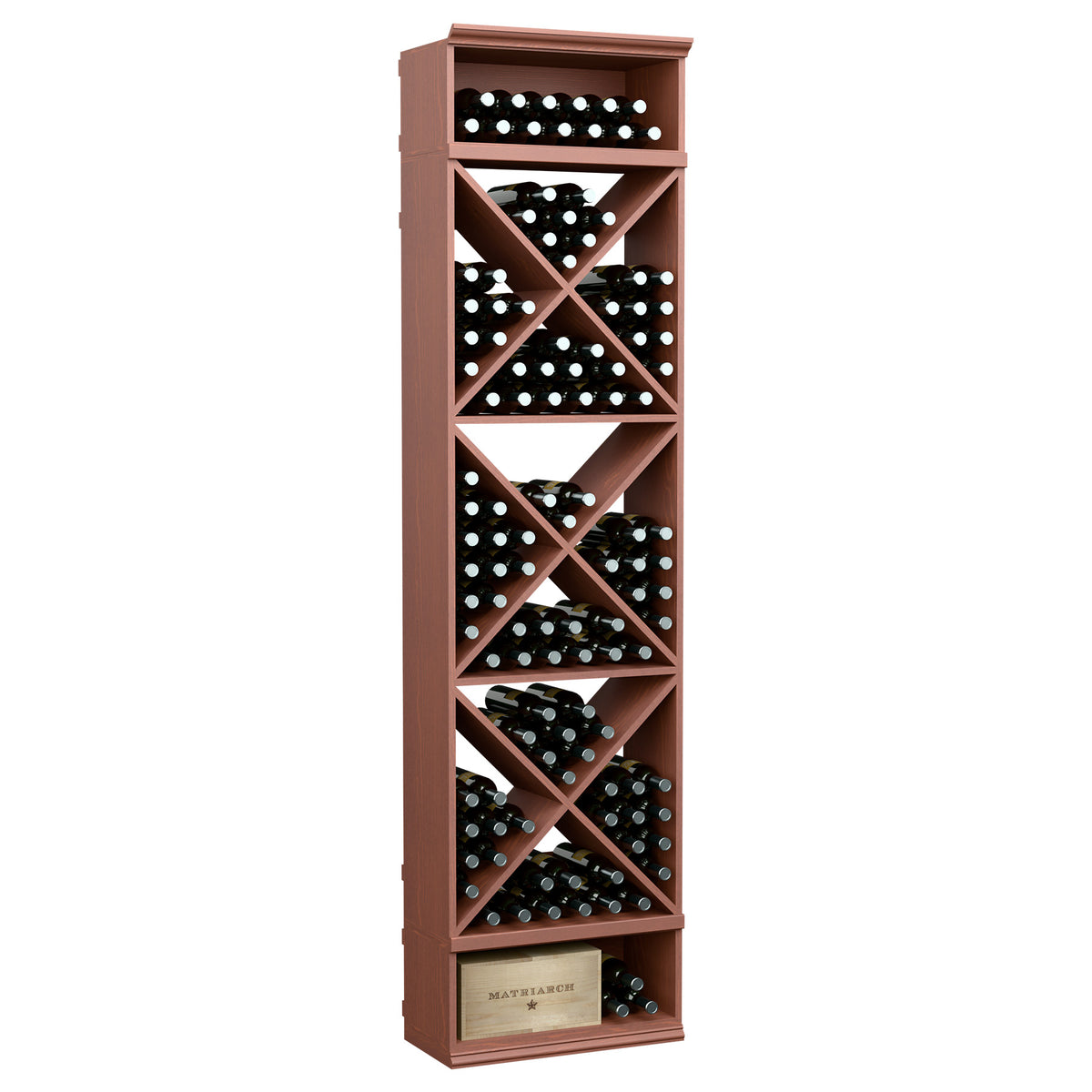 Red wine bottle storage rack with X-cube crisscross shelves and top row