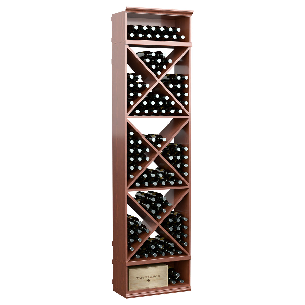 Red wine bottle storage rack with X-cube slots and bottom drawer-style panel