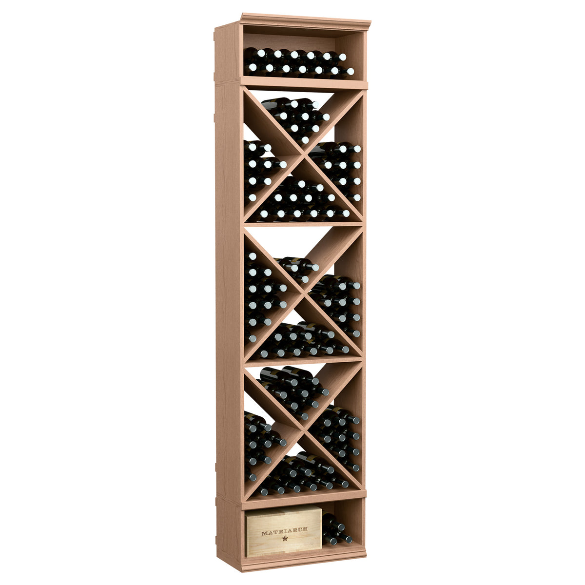 Light wood wine bottle storage rack with X-cube crisscross shelves