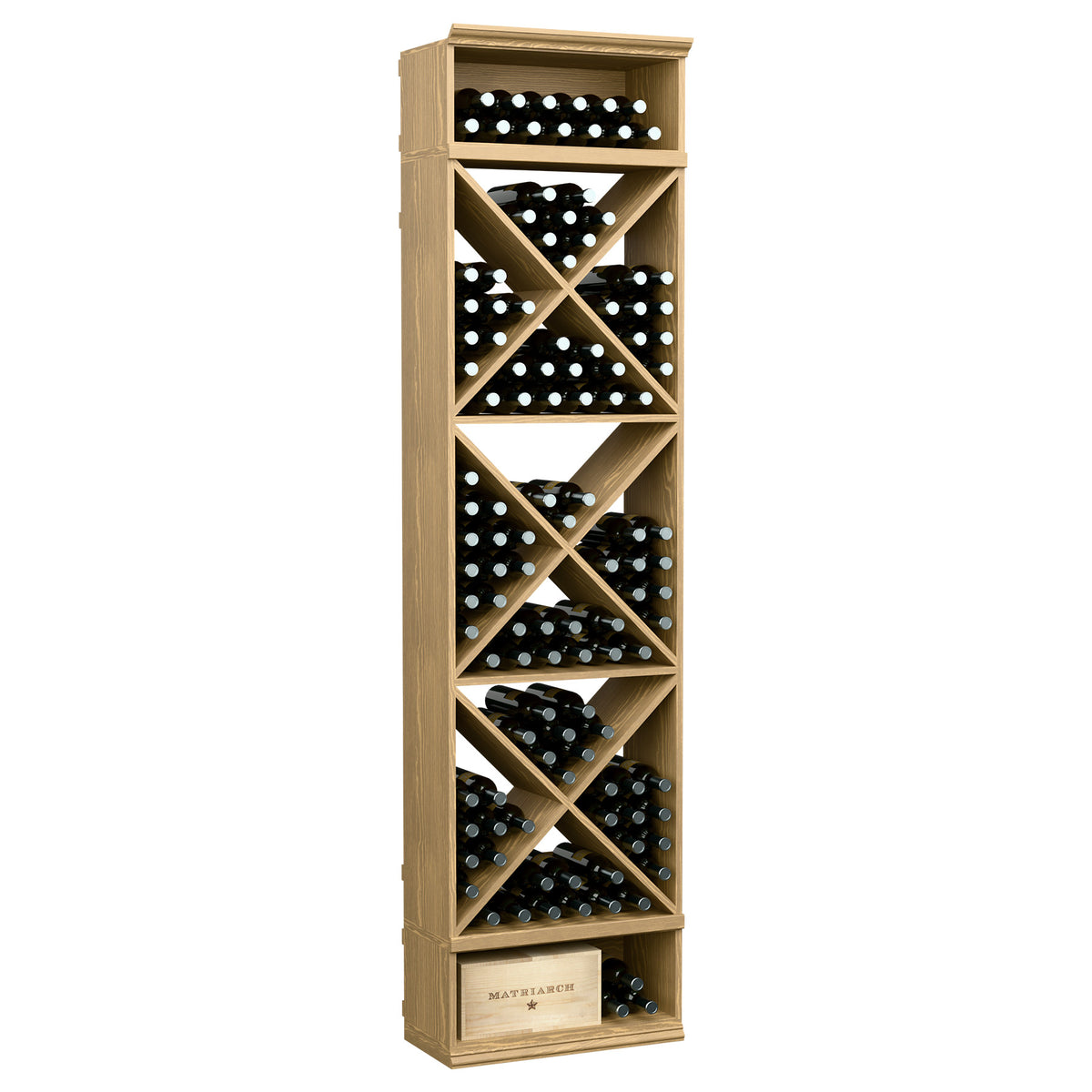 Light wood wine bottle storage rack with X-cube crisscross shelves