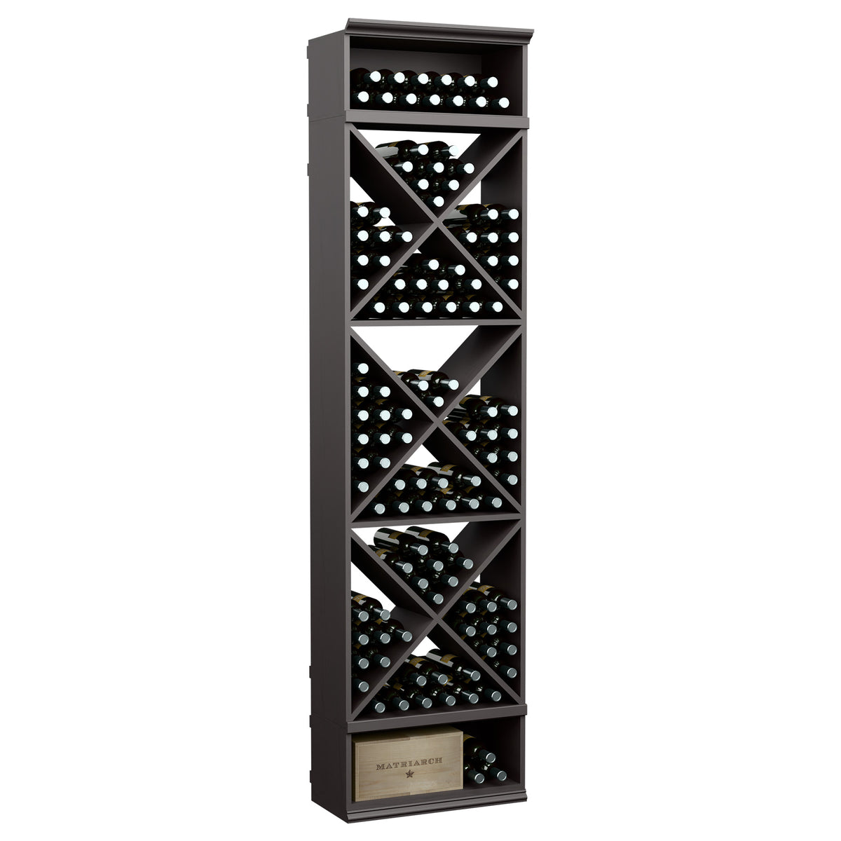 Dark wine bottle storage rack with X-cube crisscross shelves and top holder