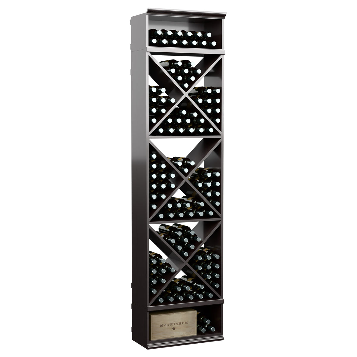 Dark wine bottle storage rack with X-cube wine slots and bottom drawer panel