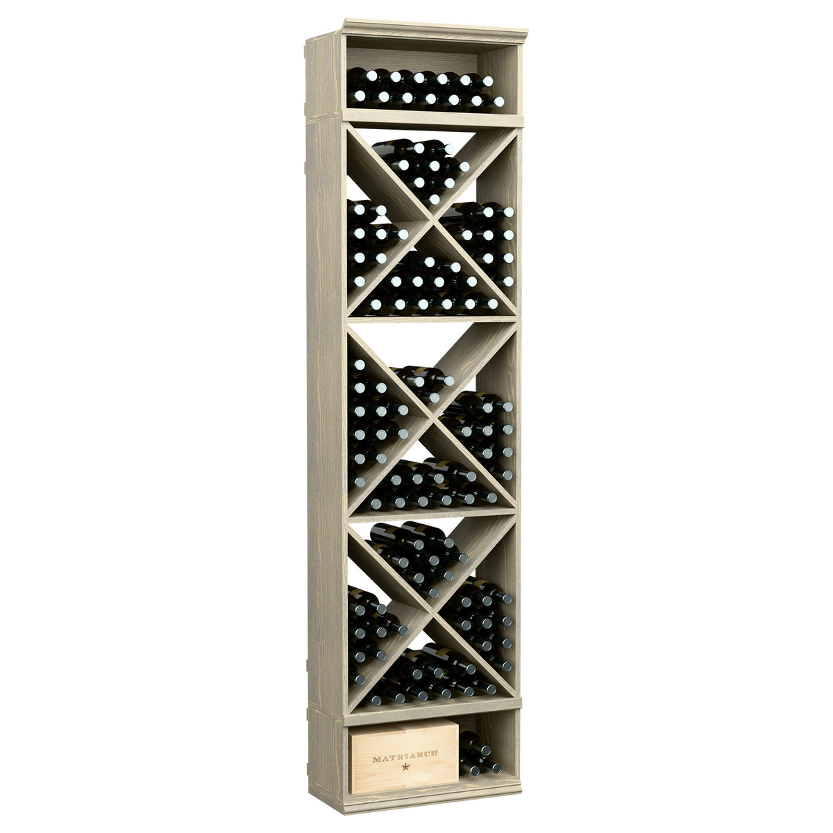 White wood wine bottle storage rack with X-shaped cubby shelves