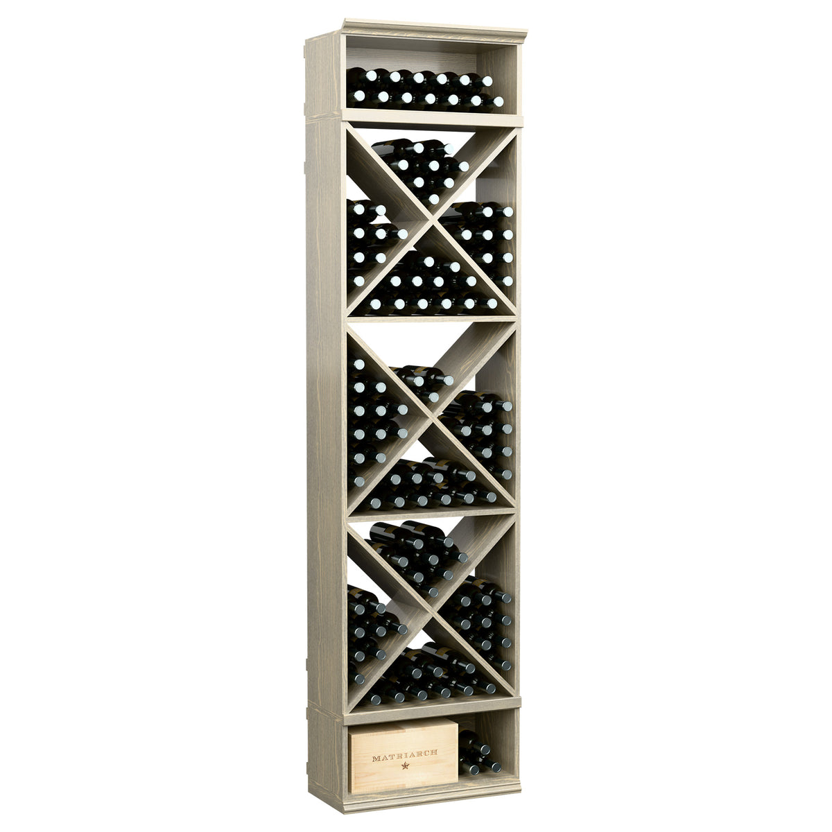 White wine bottle rack in solid wood, featuring X-cross cubbies and top shelf
