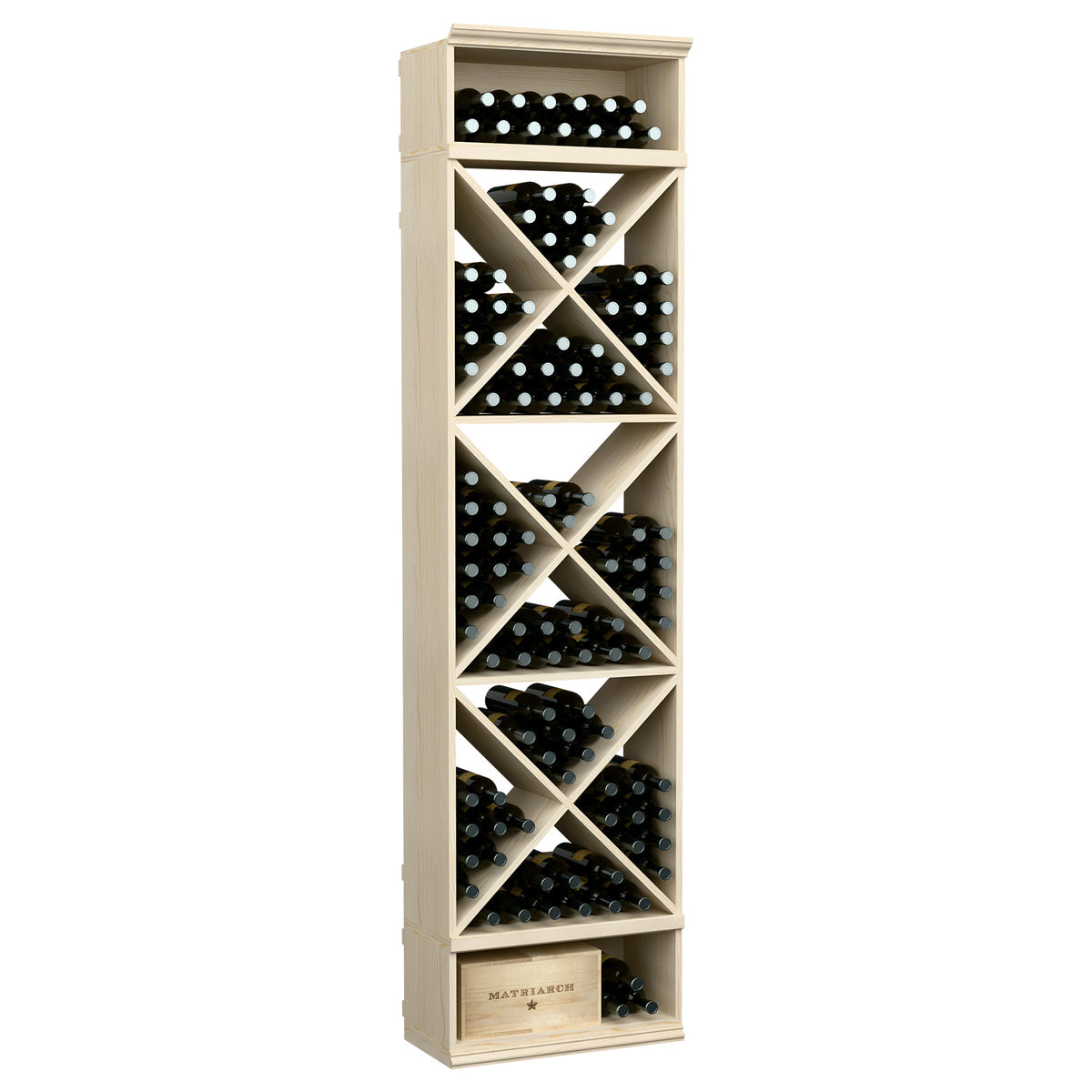 Light wood wine storage rack with X-pattern cubby compartments for bottles