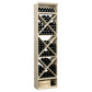 White-painted wine bottle storage cabinet with X-shaped shelves and front drawer