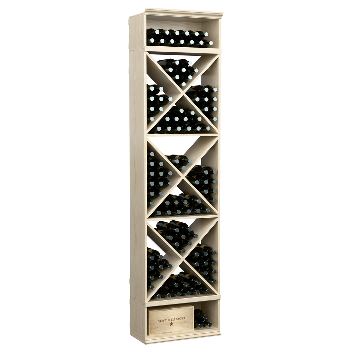 White-painted wine bottle storage cabinet with X-shaped shelves and front drawer