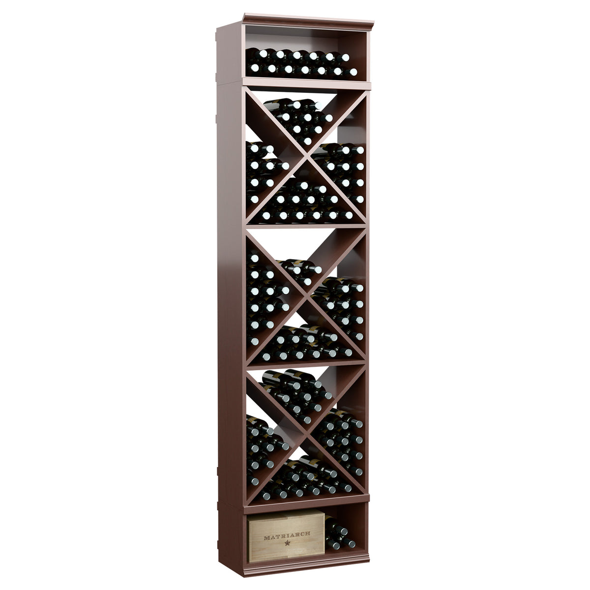 Espresso-brown solid wood wine storage rack with X-cross bottle cubbies