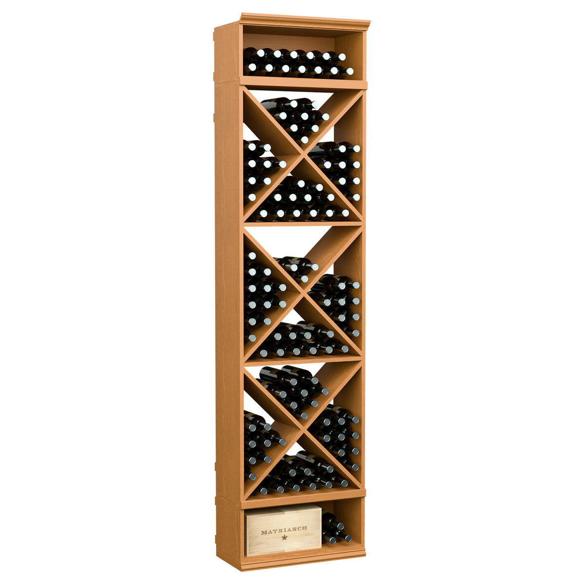 Natural wood wine bottle rack with X-shaped cubby shelves and top bottle slots