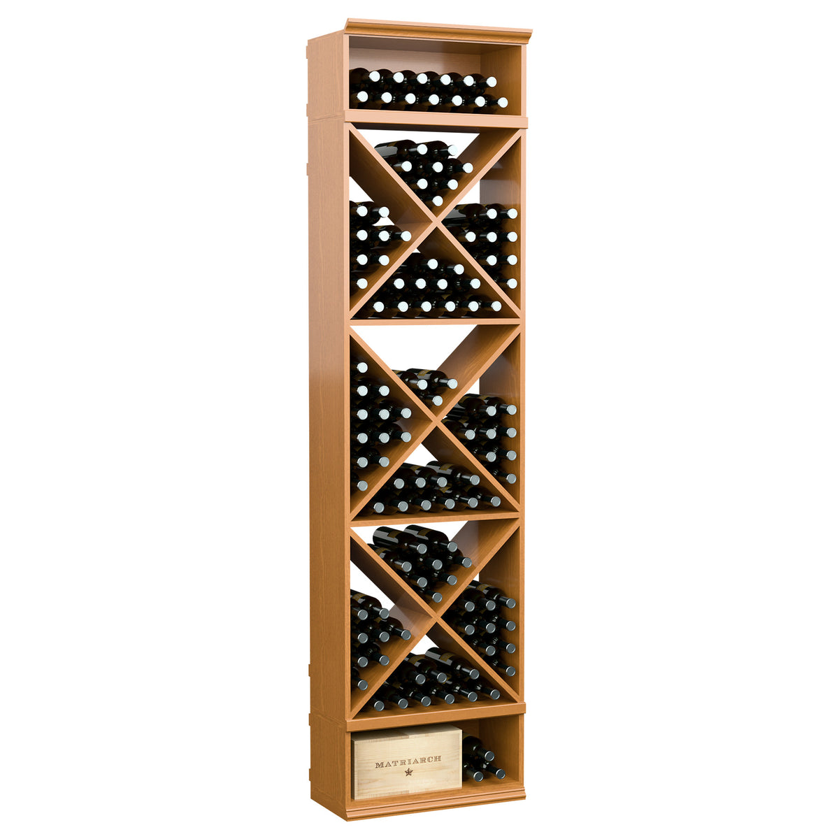 Light tan wine bottle storage rack in wood with X-pattern compartments for bottles