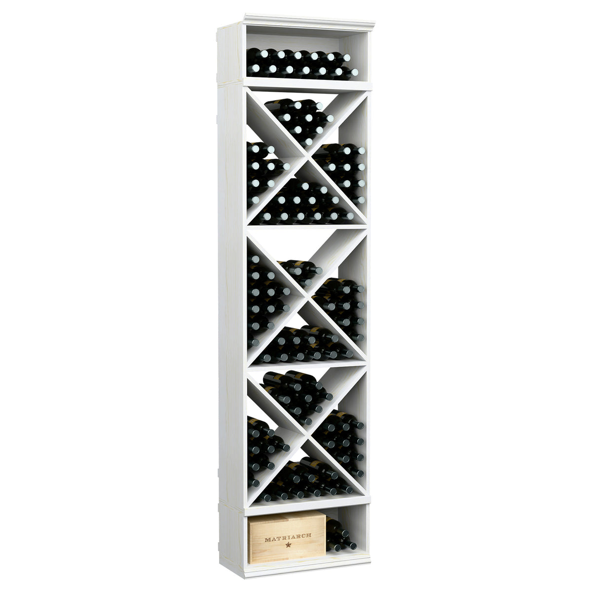 White wood wine bottle rack with diagonal X cubby shelves and bottle display rows