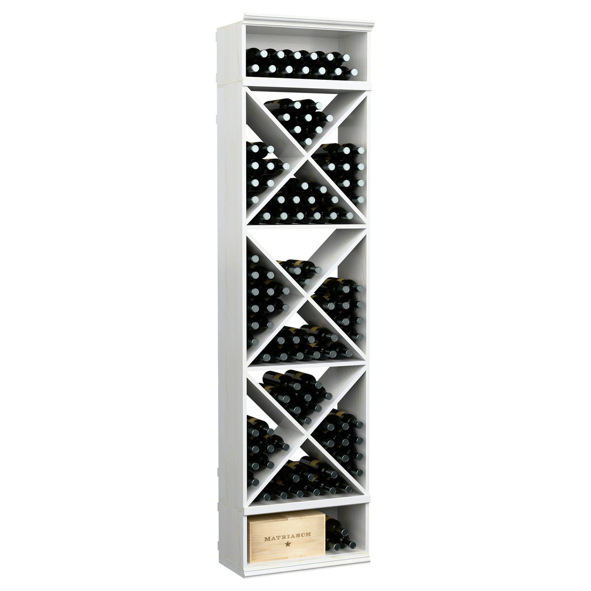 White wine bottle storage cabinet with X-shaped cubbies and top bottle ledge