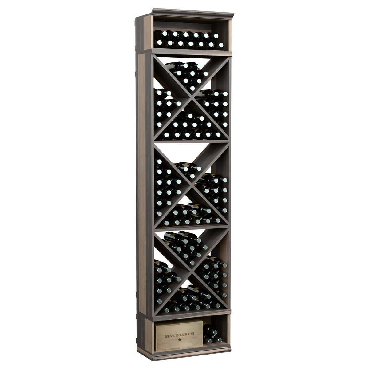 8-foot wine bottle storage rack, dark gray frame with crisscross X-cube cubbies