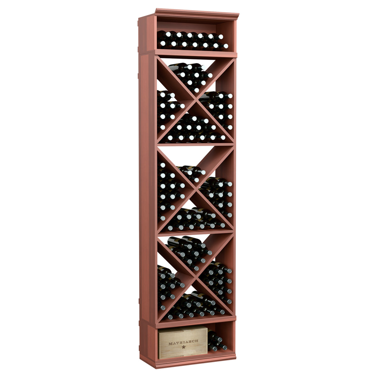 8-foot wine bottle storage rack, reddish-brown frame with crisscross X-cube cubbies