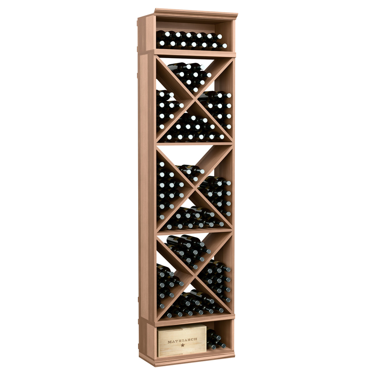 8-foot wine bottle storage rack, light tan frame with crisscross X-cube cubbies