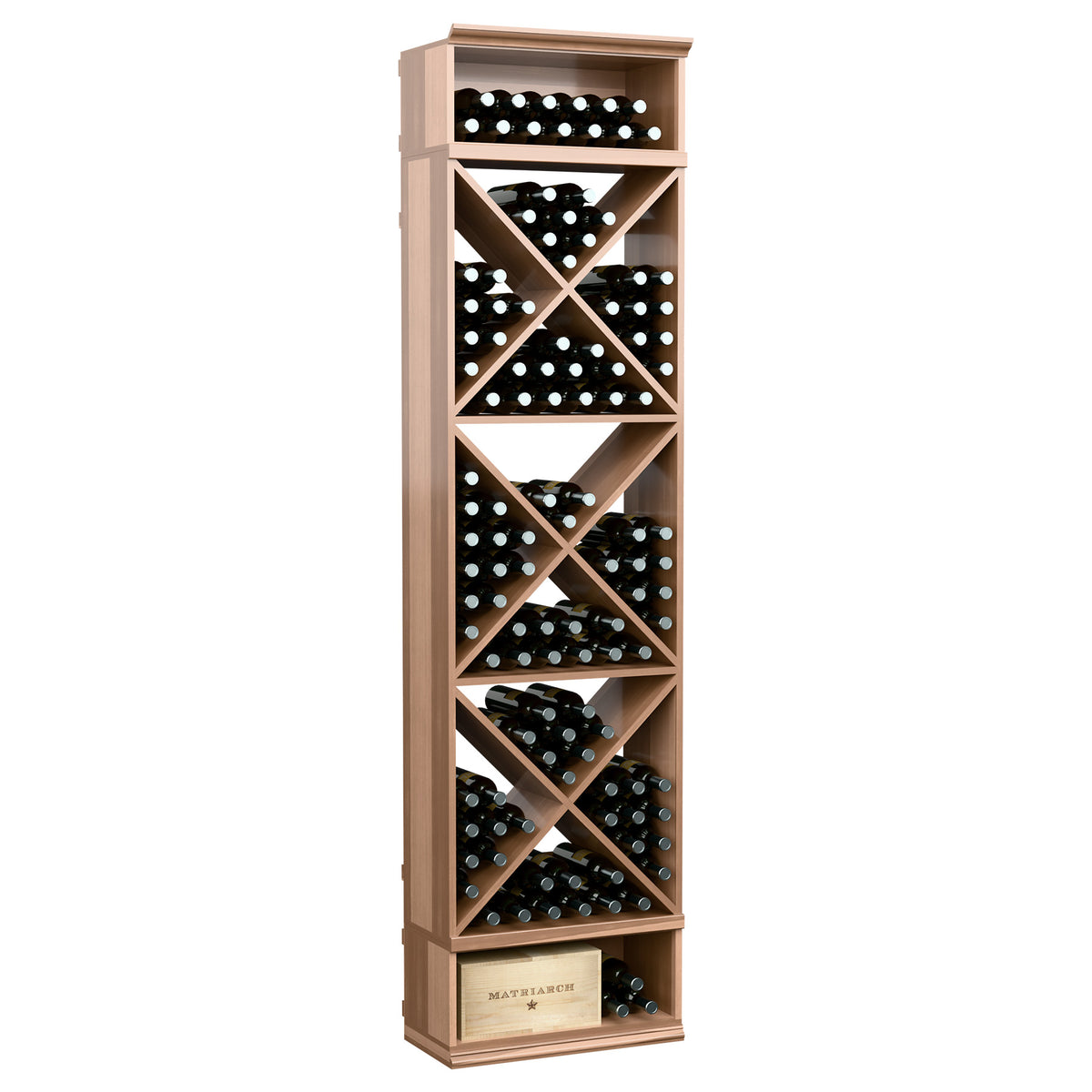 8-foot wine bottle storage rack, light wood frame with X-style bottle storage cubbies