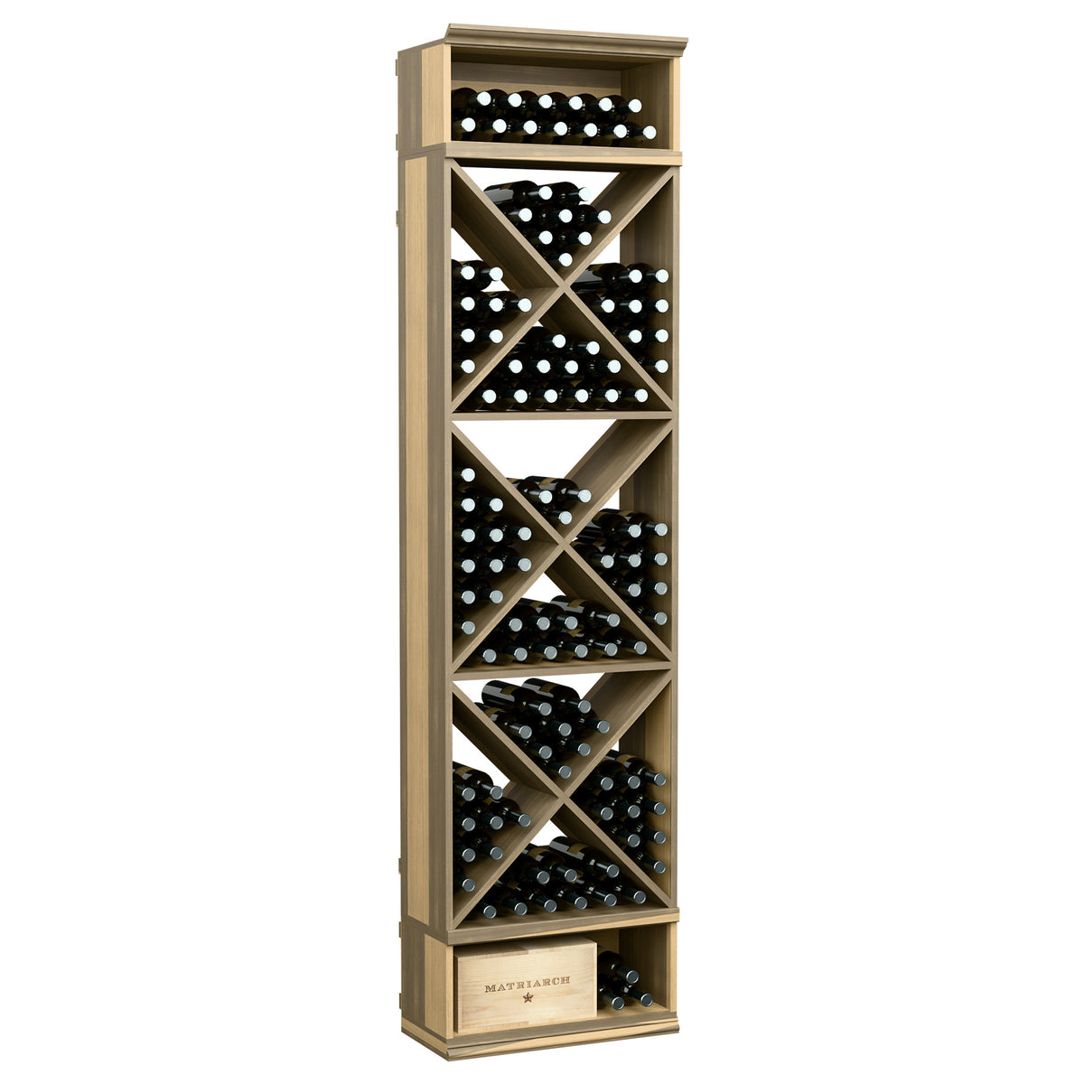 8-foot wine bottle storage rack, pale wood finish with crisscross X-cube cubbies