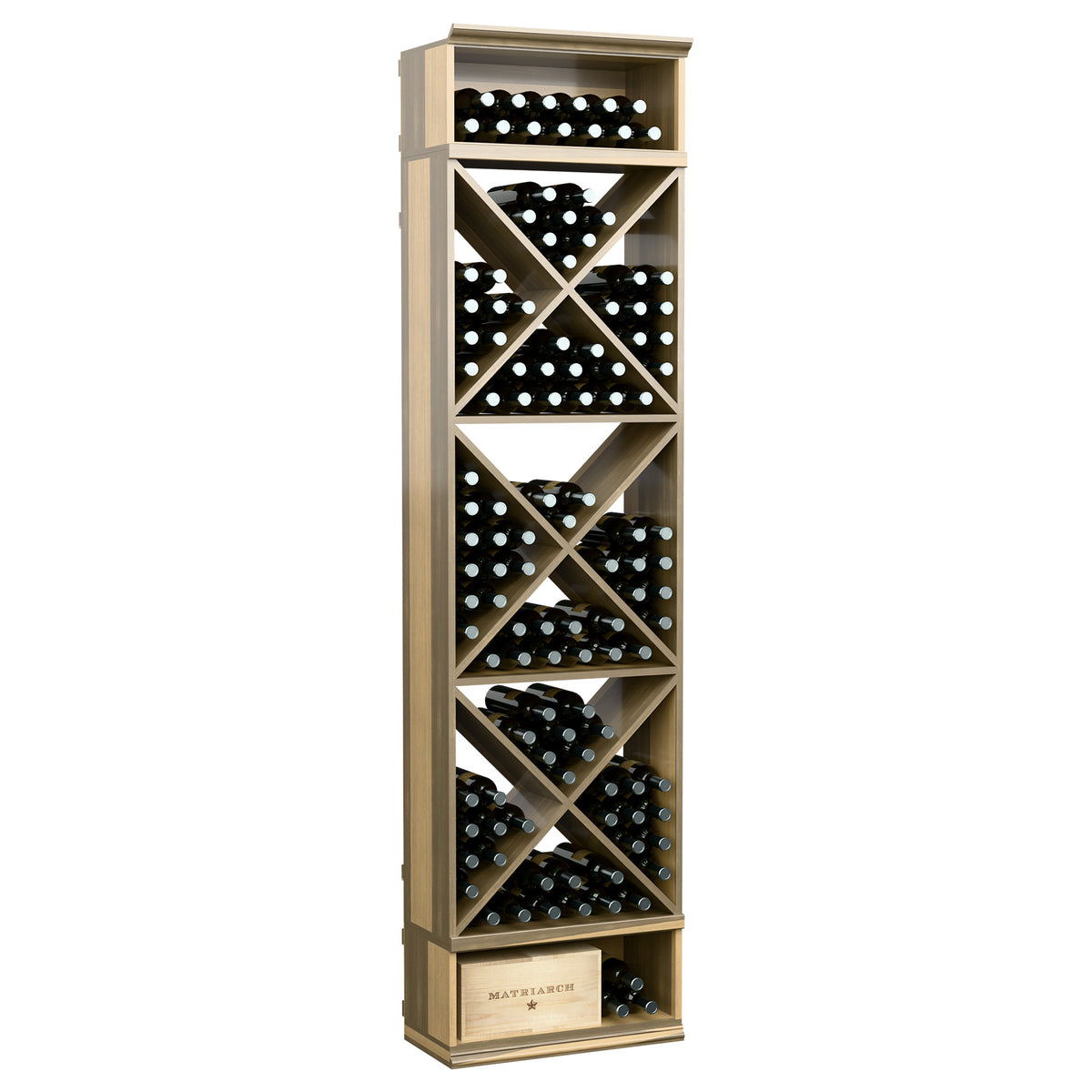 8-foot wine bottle storage rack, light tan frame with X-pattern cubbies and bottle slots