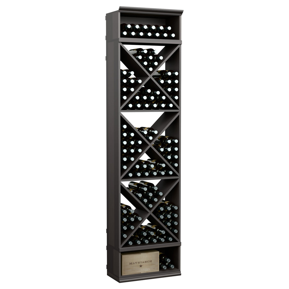 8-foot wine bottle storage rack, charcoal gray frame with crisscross X-cube cubbies