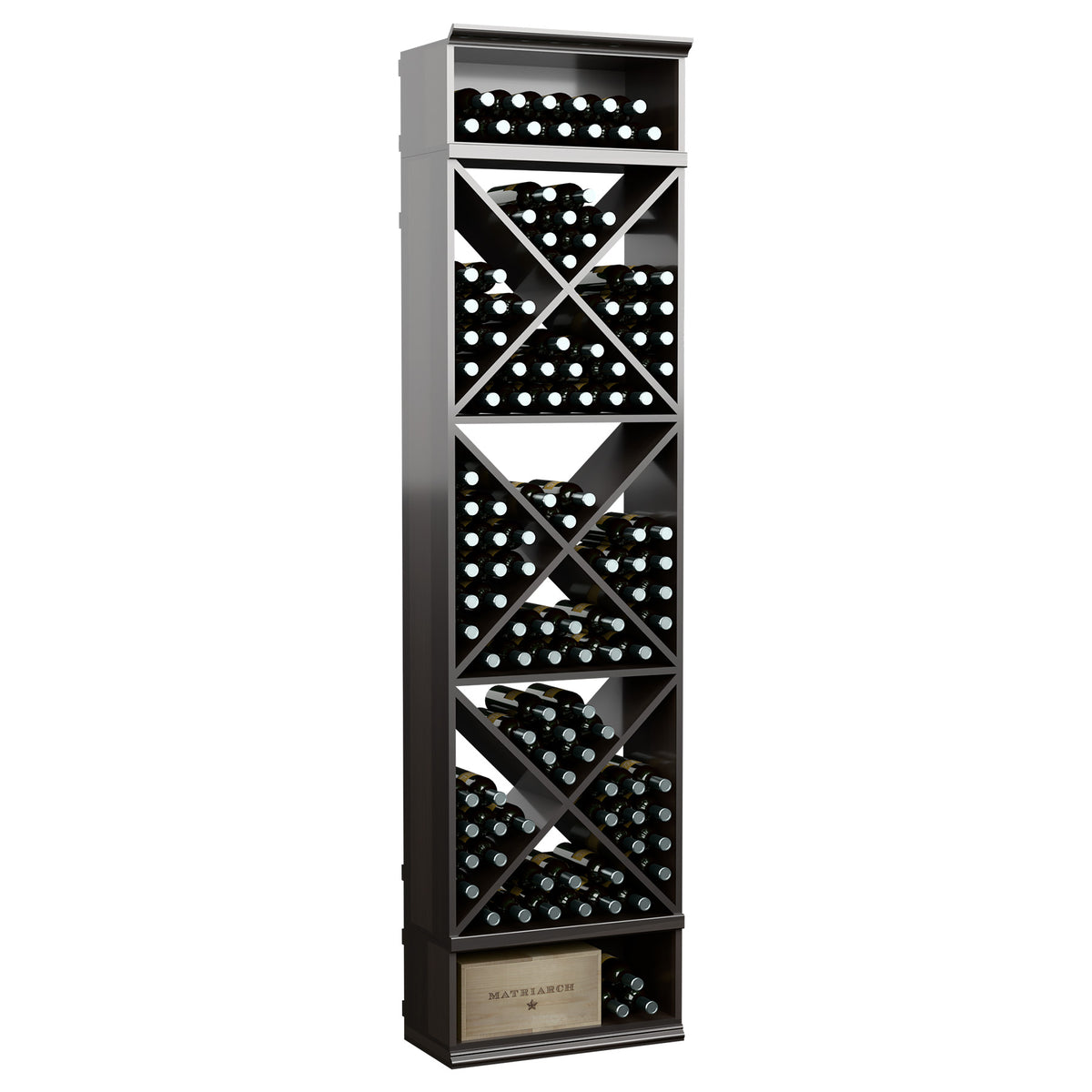8-foot wine bottle storage rack, dark gray finish with X-style cubbies and bottle slots