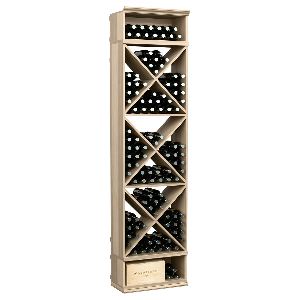 White-finished X-cube wine bottle storage rack with angled slots and cross braces, 8 ft tall