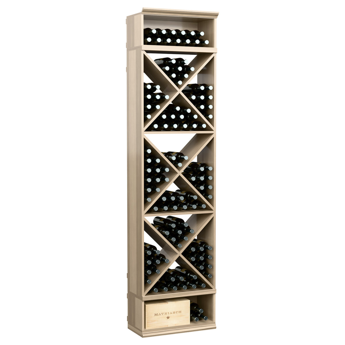 Light wood X-cube wine bottle storage rack with angled slots and cross braces, 8 ft tall