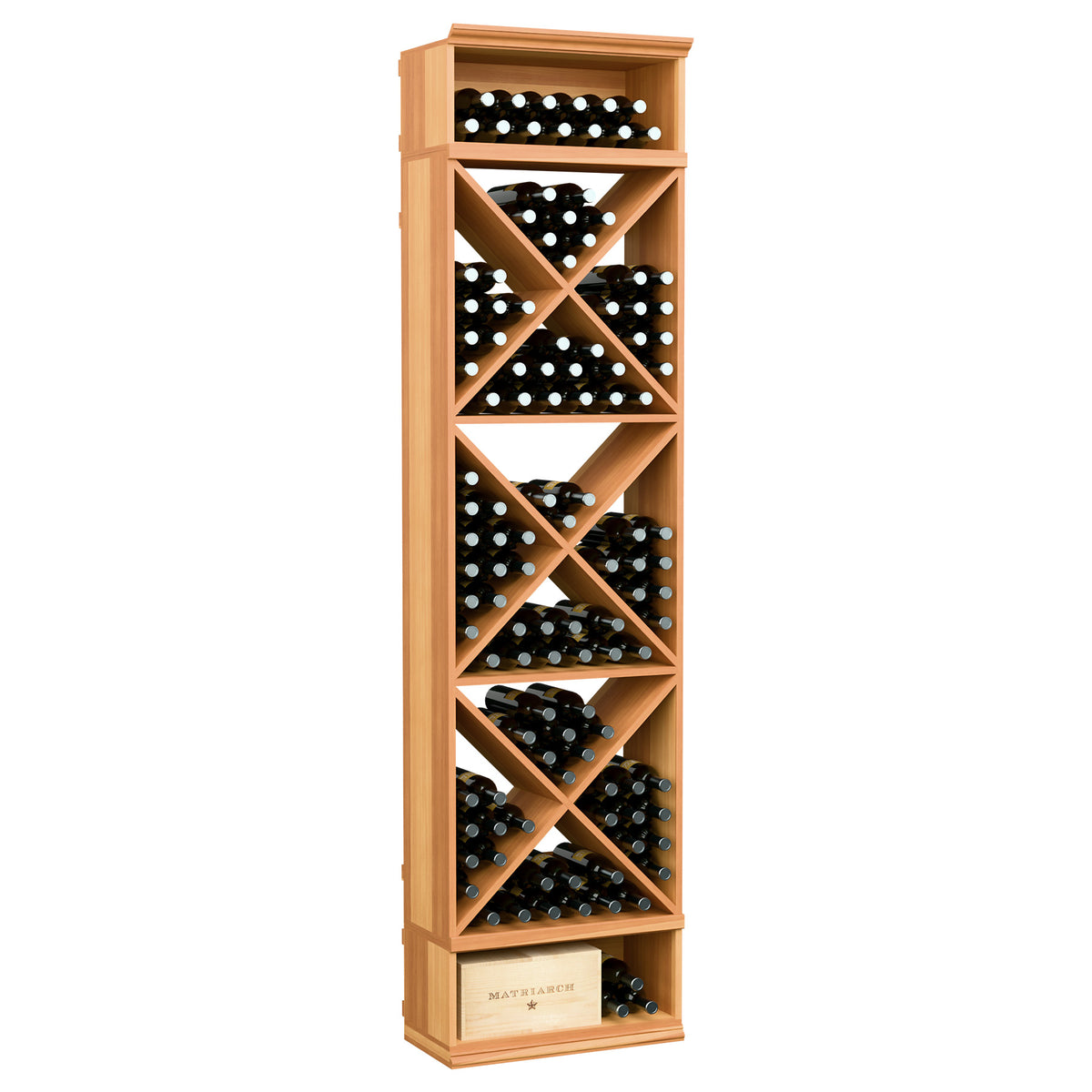 Red-brown X-cube wine bottle storage rack with angled slots and cross braces, 8 ft tall