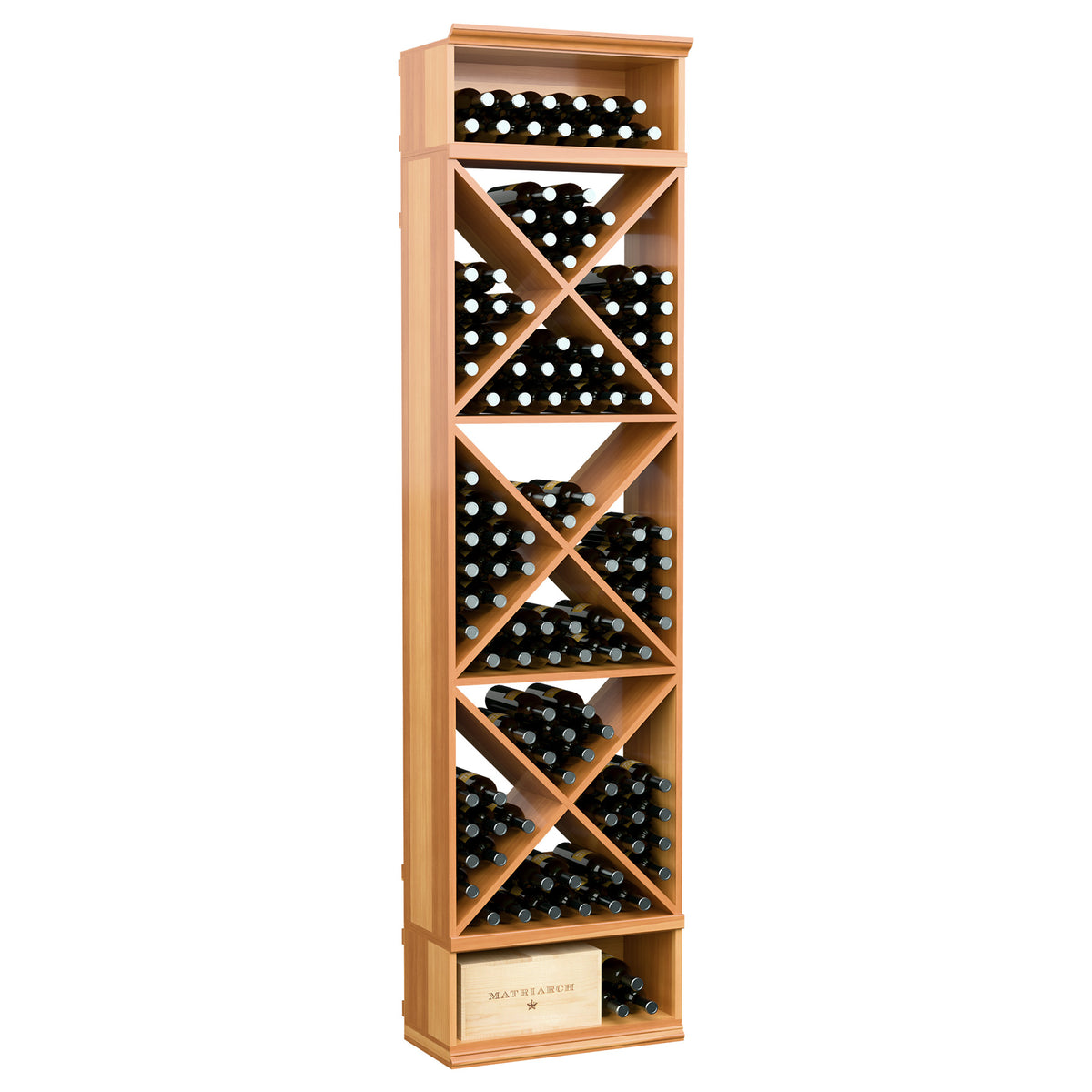 Warm amber X-cube wine bottle storage rack with angled slots and cross braces, 8 ft tall
