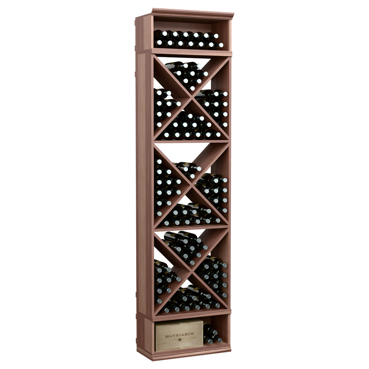 Dark brown X-cube wine bottle storage rack with angled slots and cross braces, 8 ft tall