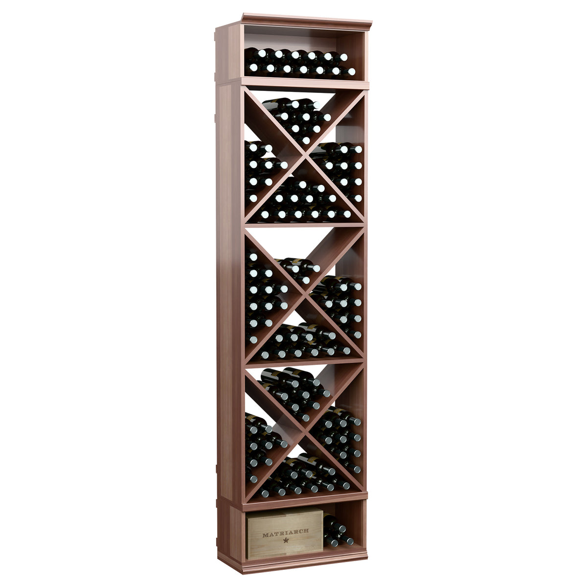 Espresso-tone X-cube wine bottle storage rack with angled slots and cross braces, 8 ft tall
