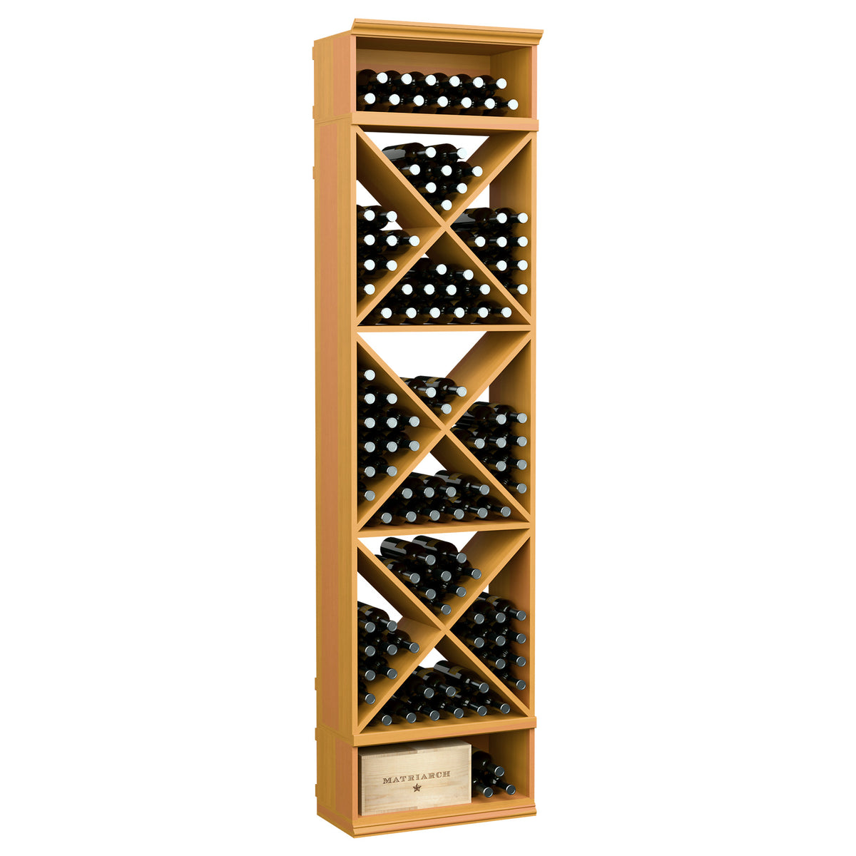Natural honey X-cube wine bottle storage rack with angled slots and cross braces, 8 ft tall