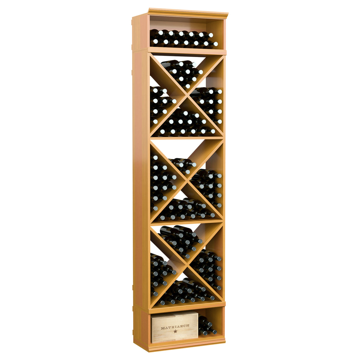 Light honey X-cube wine bottle storage rack with angled slots and cross braces, 8 ft tall