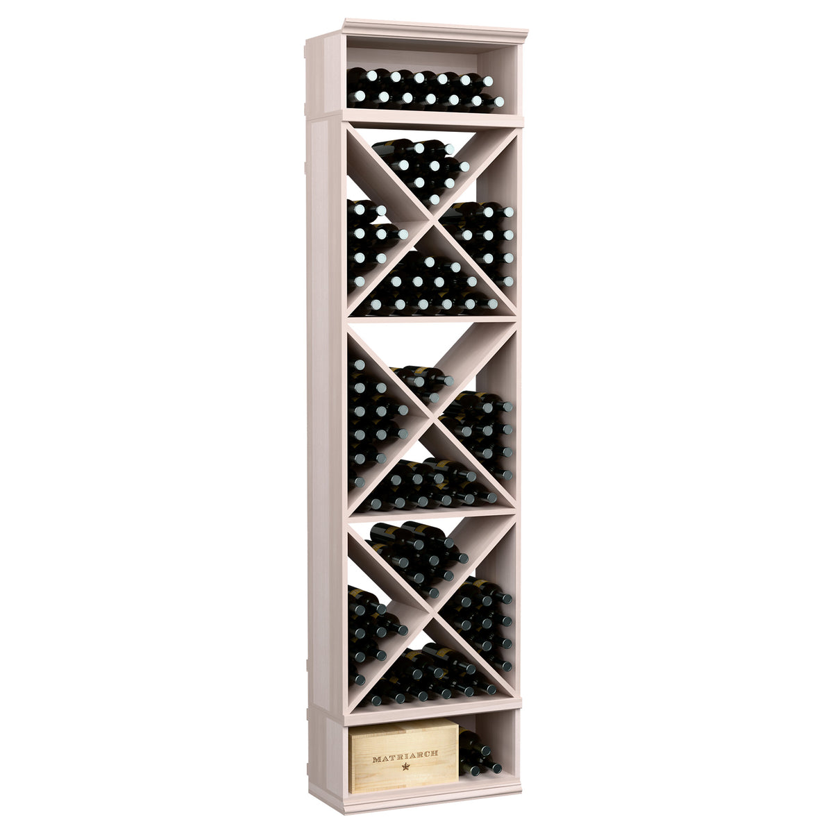 White X-cube wine bottle storage rack with angled slots and cross braces, 8 ft tall
