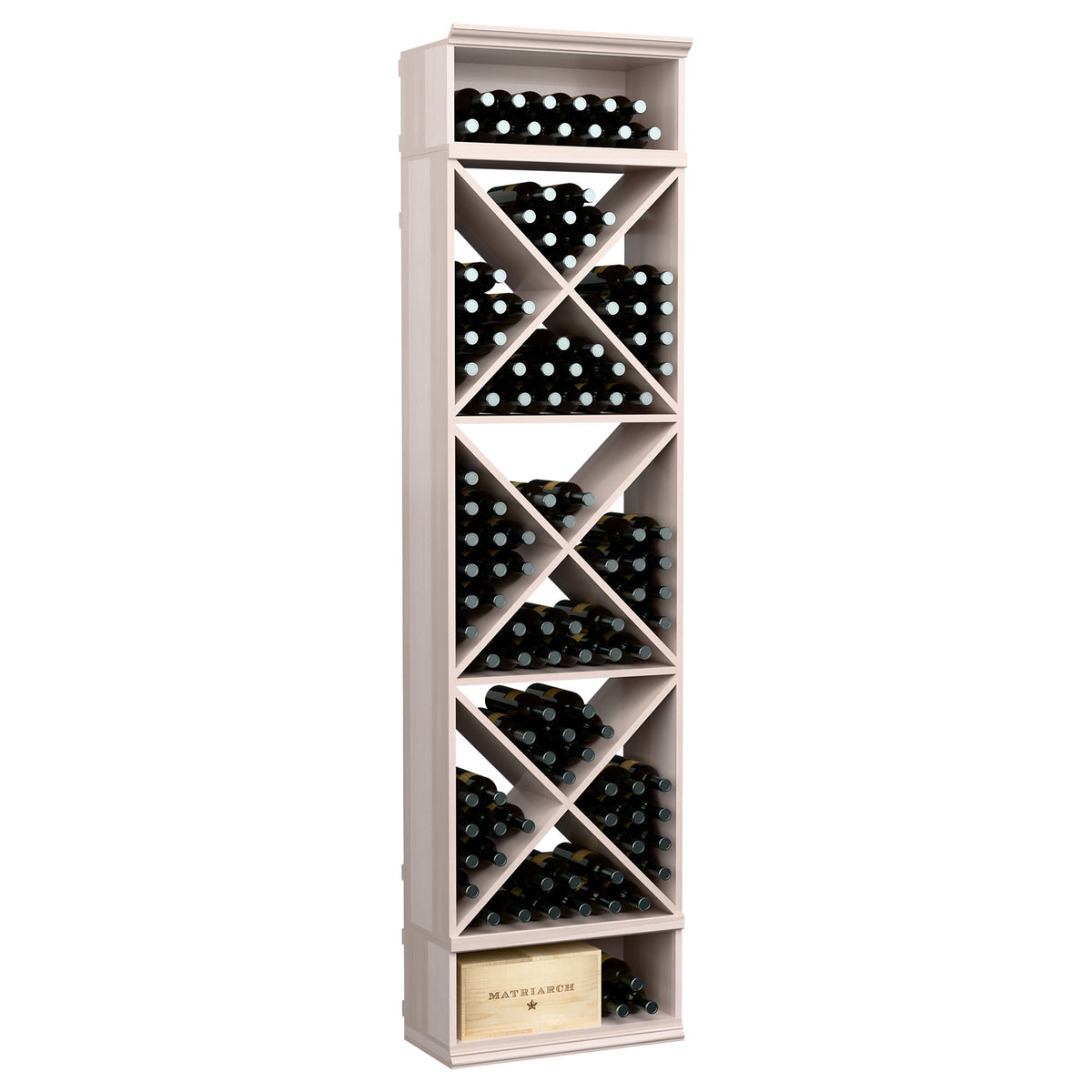 White-finished X-cube wine bottle storage rack with angled slots and cross braces, 8 ft tall